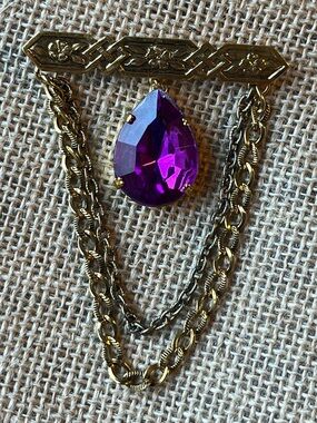 Vintage Victorian Gold Purple Stone Chain Brooch
